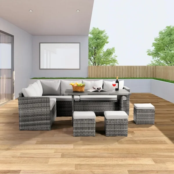 7 Pieces Outdoor Patio Furniture with Dining Table&Chair, Wicker Conversation Set with Ottoman,Grey (Include Sofa Dust Cover) - Image 2