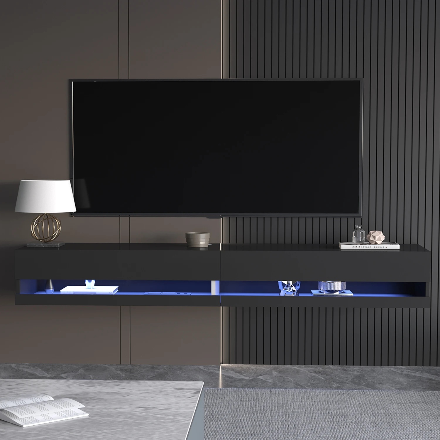 71" Floating TV Stand for 75/80" TV, Wall Mounted LED TV Stand w/Power Outlets, Modern High Gloss Media Console, White/Black - Image 2