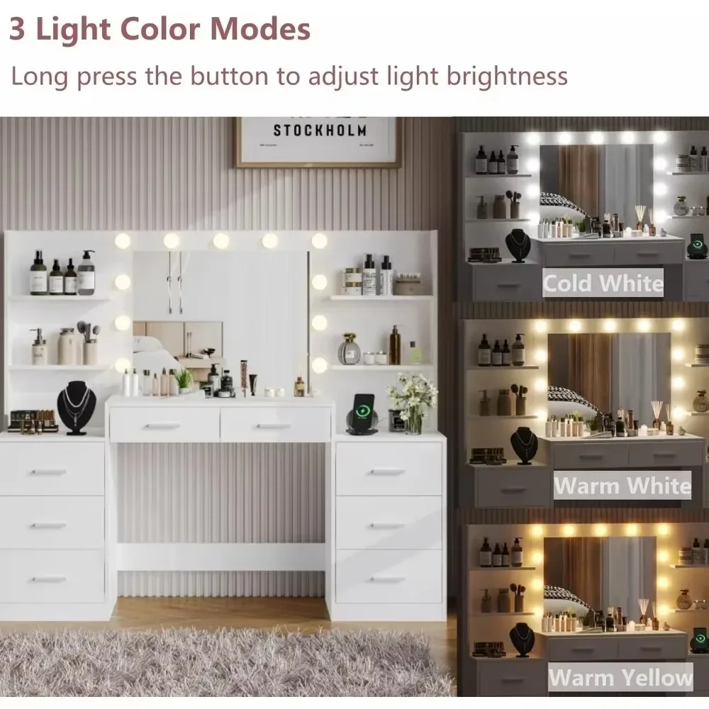Makeup Vanity Table with Mirror & Lights, Vanity Desk with Power Strip, Large Drawer & Six Open Storage Dresser, Dressing Table - Image 4