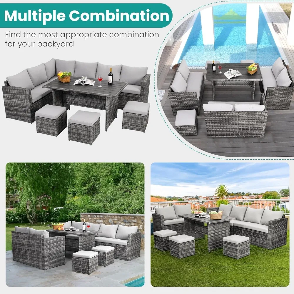 7 Pieces Outdoor Patio Furniture with Dining Table&Chair, Wicker Conversation Set with Ottoman,Grey (Include Sofa Dust Cover) - Image 5