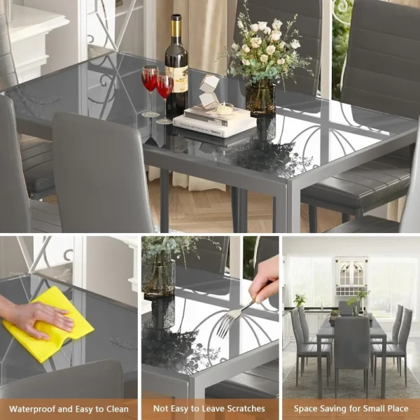 7 Piece Kitchen 6 Person, Tempered Glass Table and PU Leather Chairs Modern Dining Room Sets for Small Space, Dining Table Set - Image 5
